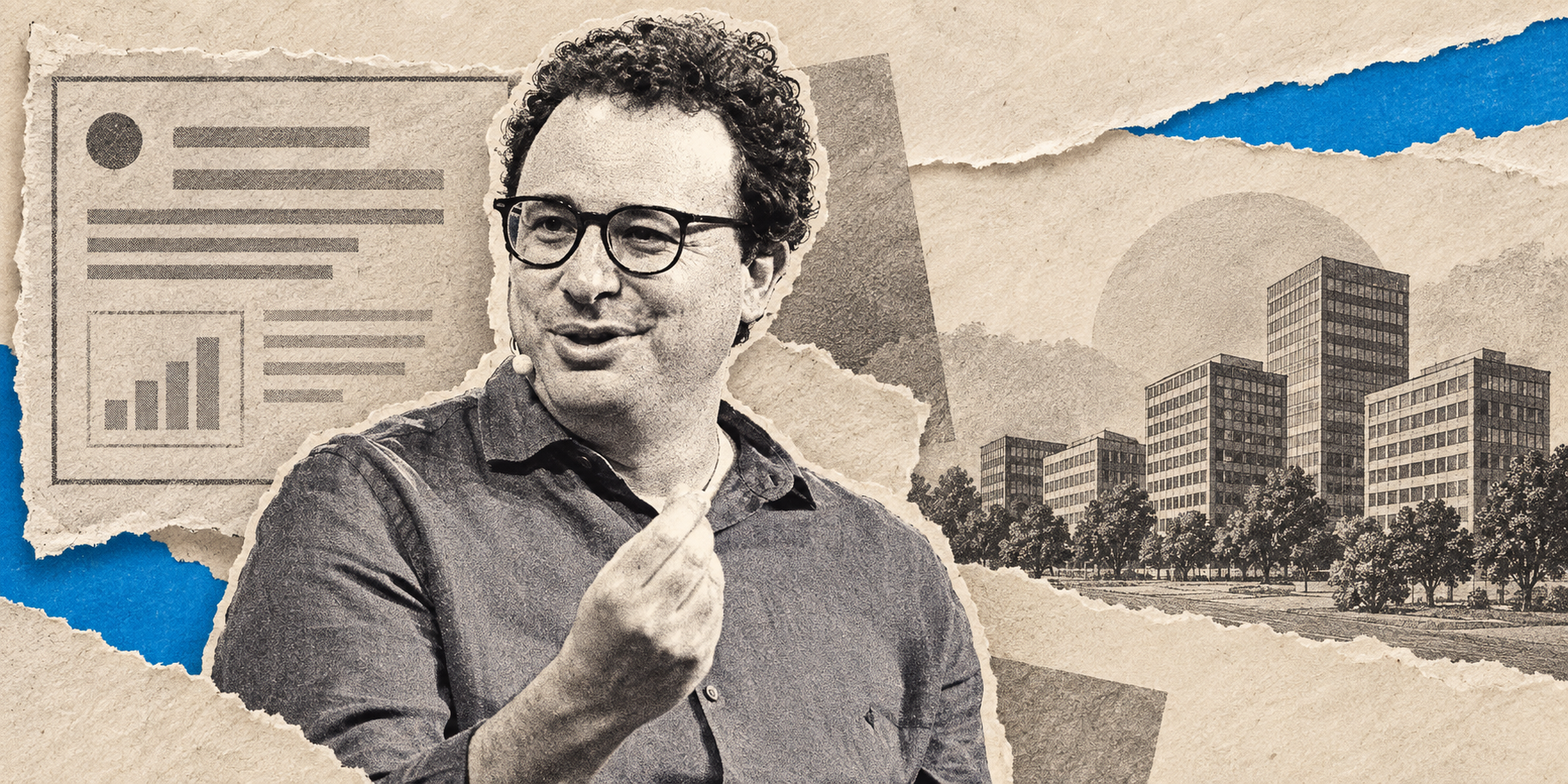 Portrait de Dario Amodei adapté en collage de papiers déchirés, avec un traitement noir et blanc et des accents bleu ActuIA.