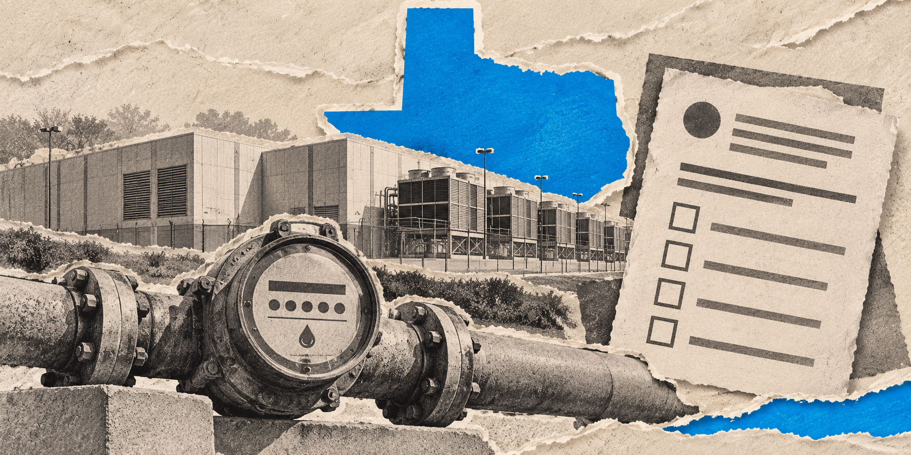 Collage de papier associant un centre de données, une conduite d’eau et un formulaire devant une silhouette du Texas, avec des accents bleus.
