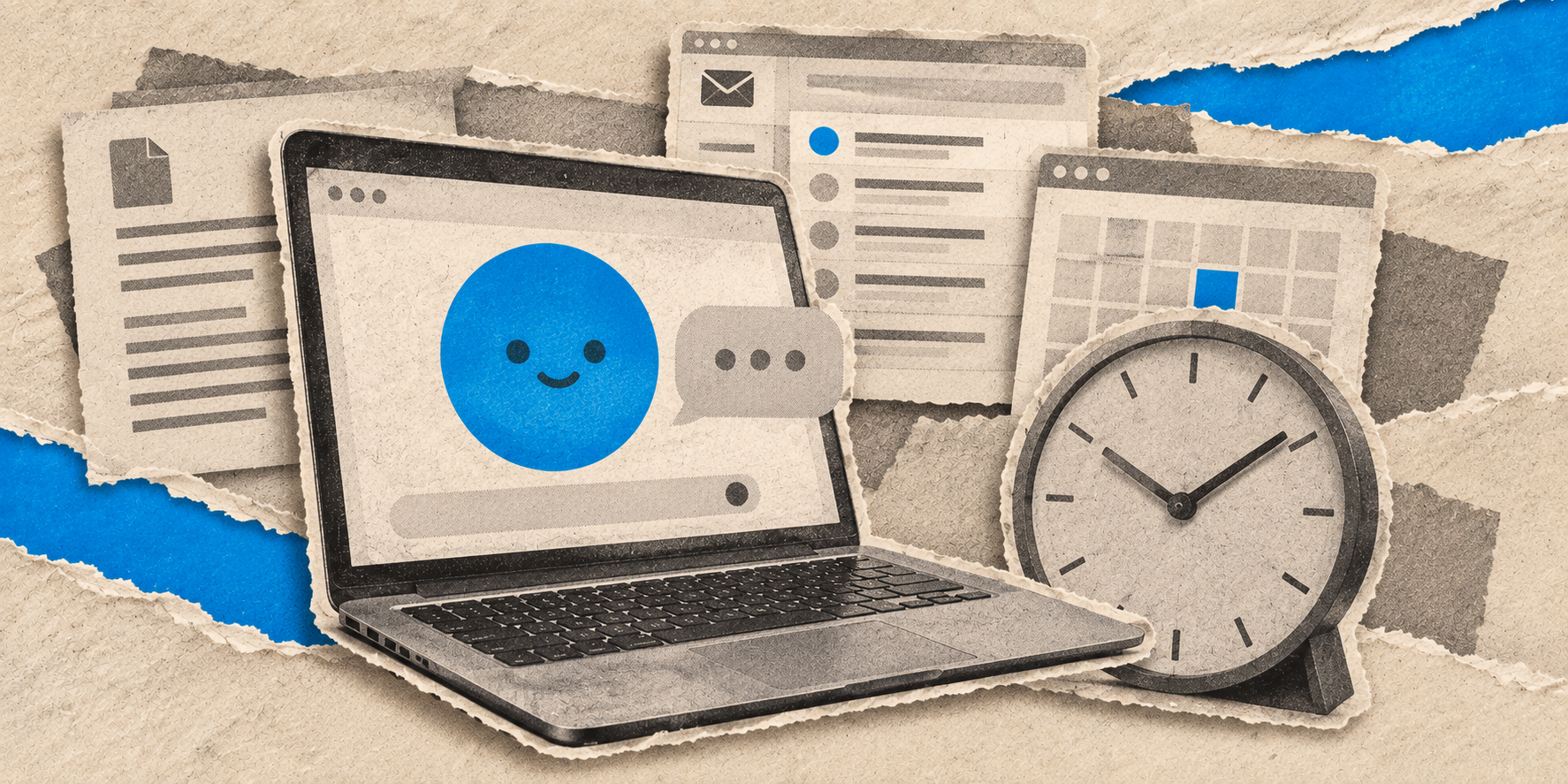 Collage de papier montrant un assistant numérique à visage souriant, des fenêtres de travail et une horloge, avec des accents bleus.
