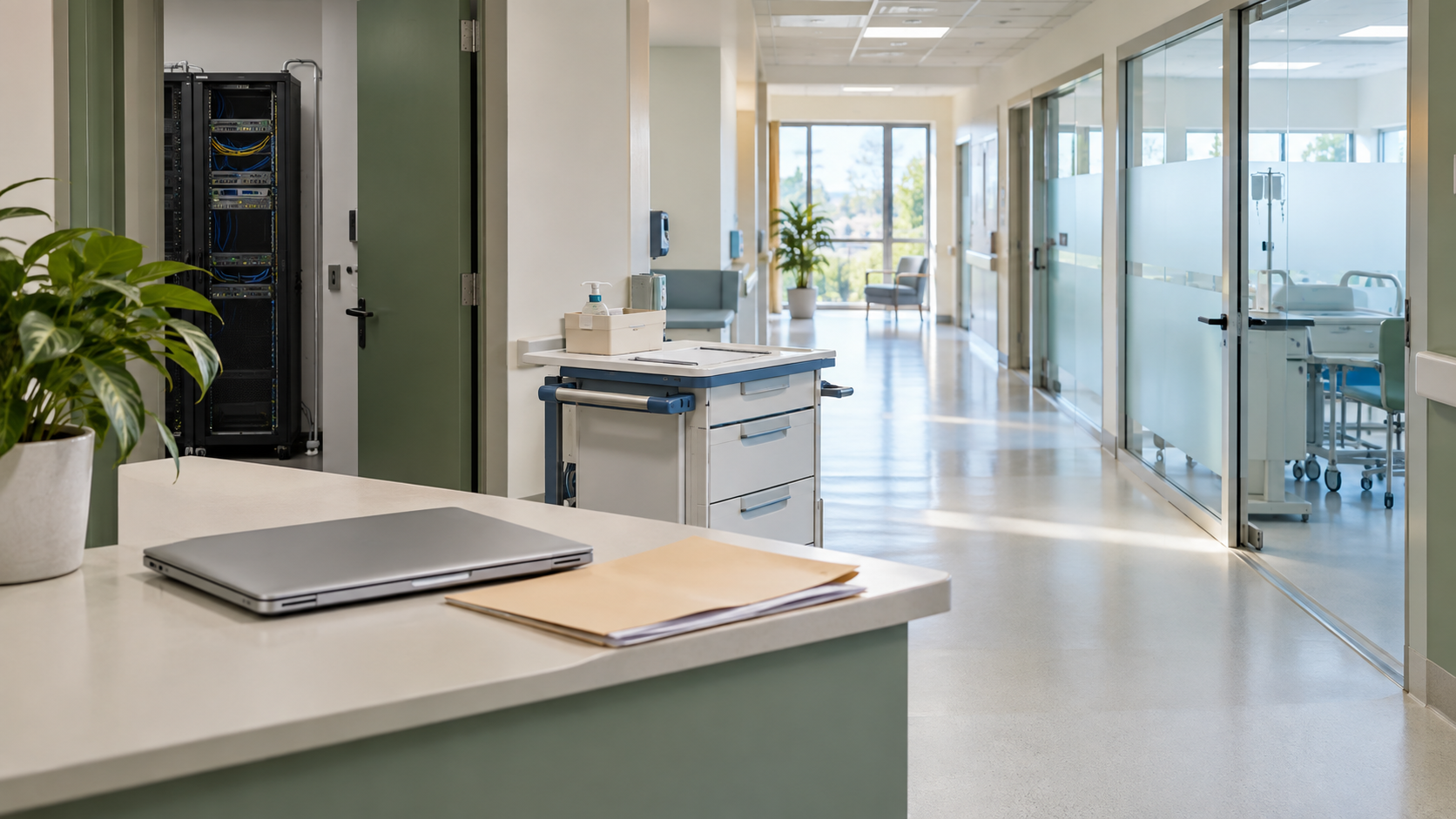 Poste informatique mobile dans un espace de travail hospitalier.