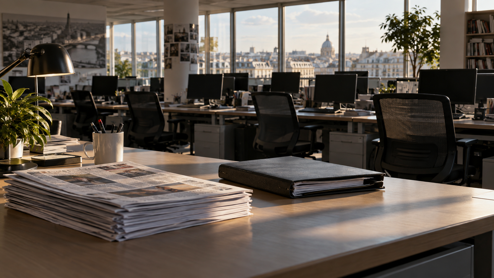 Bureaux de rédaction inoccupés, épreuves papier et dossier fermé au premier plan.