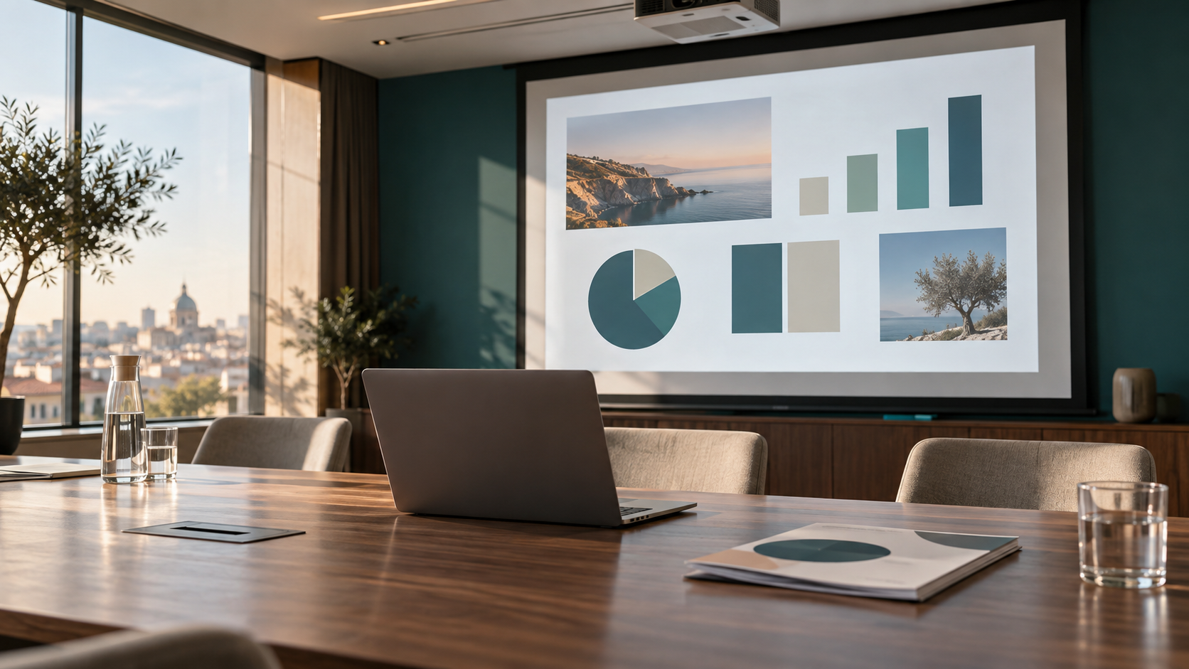 Salle de réunion avec ordinateur et projection d’une présentation graphique sans texte.