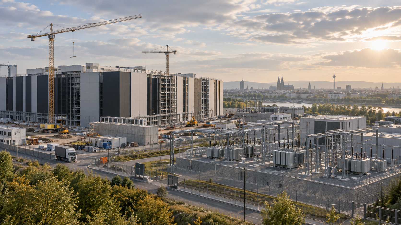 Centre de données en construction et poste électrique dans un paysage urbain européen.