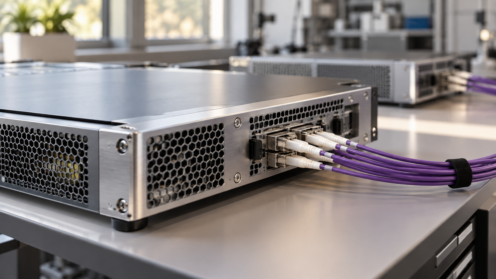 Équipement de calcul compact et connexions à fibre optique dans un laboratoire informatique.