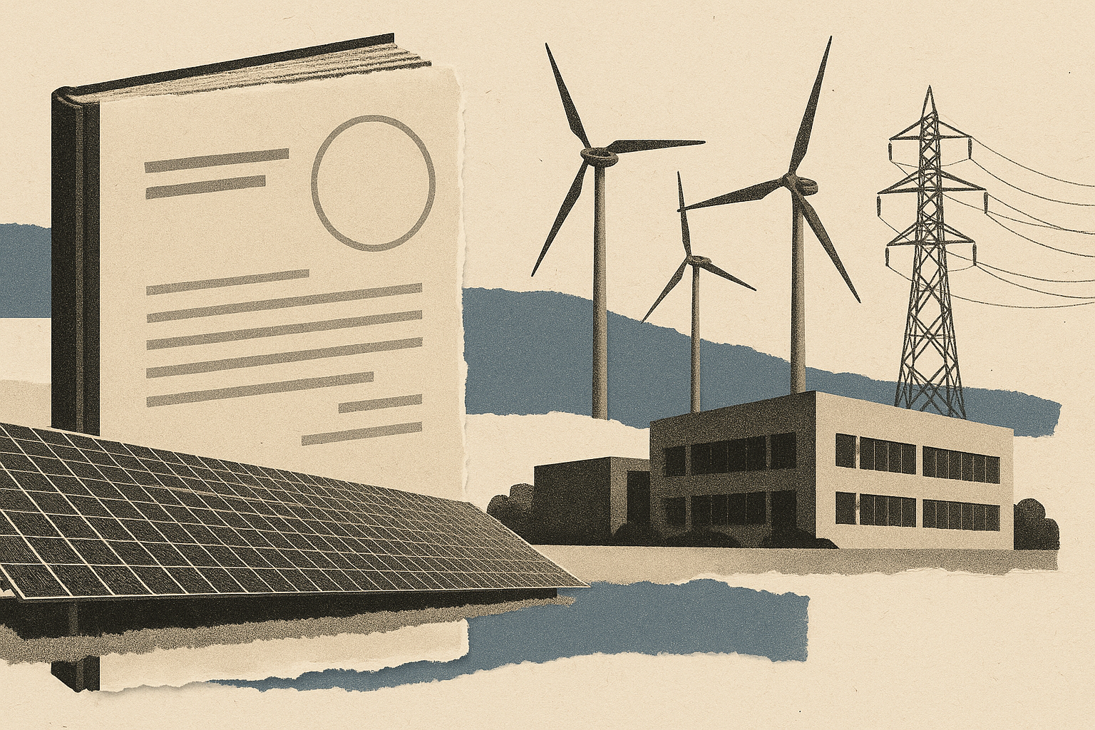 Collage de papiers déchirés autour d’un document, illustrant : Vente des renouvelables nord-américaines d'EDF à KKR, un cas test pour la FERC
