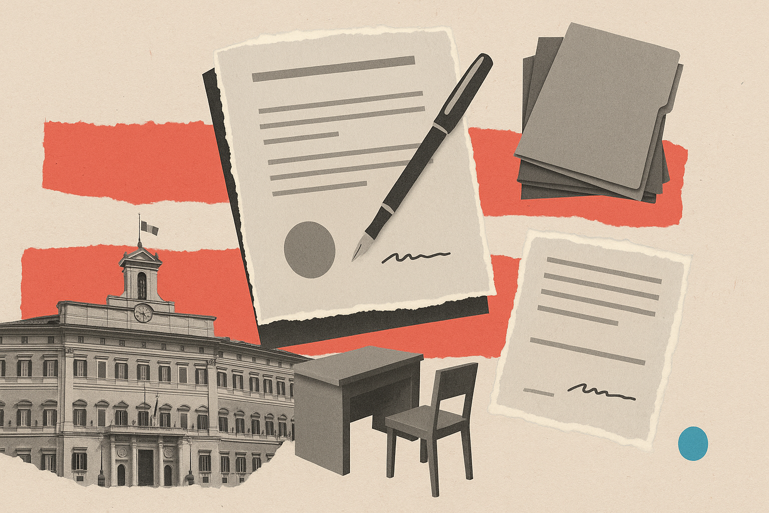 Collage de papiers déchirés montrant le Palazzo Montecitorio à Rome, une feuille à lignes grises avec un sceau rond, des chemises en carton empilées, un bureau en bois avec une chaise et une feuille déchirée avec une ligne de signature.