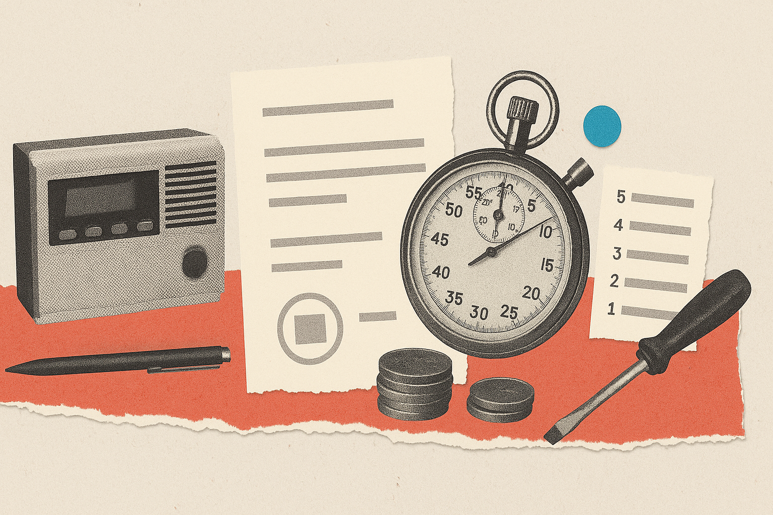 Collage de papiers déchirés montrant un contrôleur frigorifique industriel, une liste de lignes numérotées, un chronomètre, une petite pile de pièces et un tournevis.