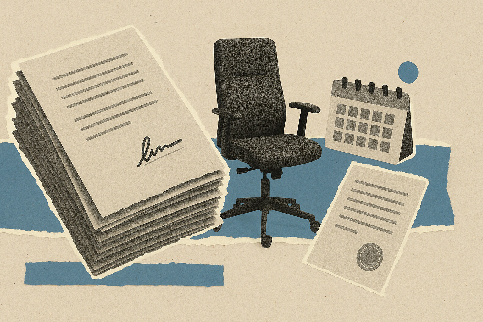 Collage de papiers déchirés montrant une pile de contrats de travail signés, une chaise de bureau, un calendrier de bureau et une feuille de papier à lignes grises avec un sceau rond.