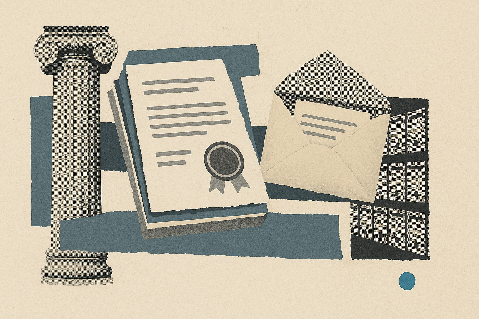 Collage de papiers déchirés montrant une pile de feuilles avec un sceau rond, une enveloppe ouverte, une colonne de tribunal, des boîtes d'archives empilées et un formulaire tamponné.
