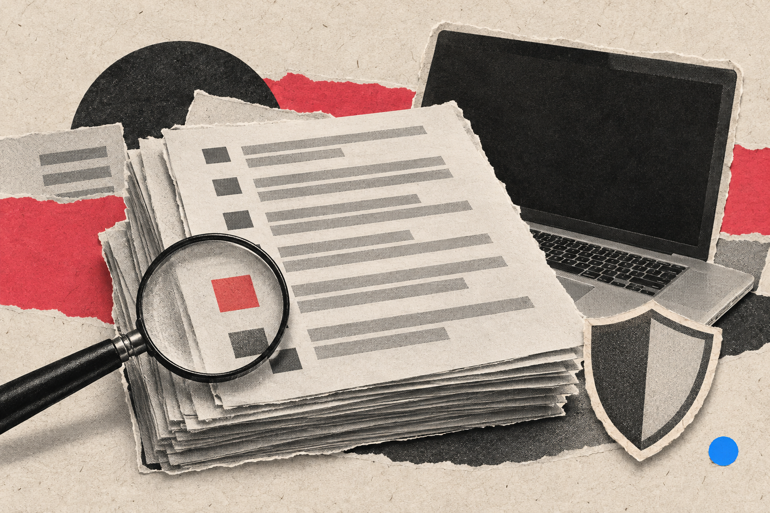 Bulletins de sécurité, loupe sur un correctif et ordinateur portable, en collage de papiers déchirés.
