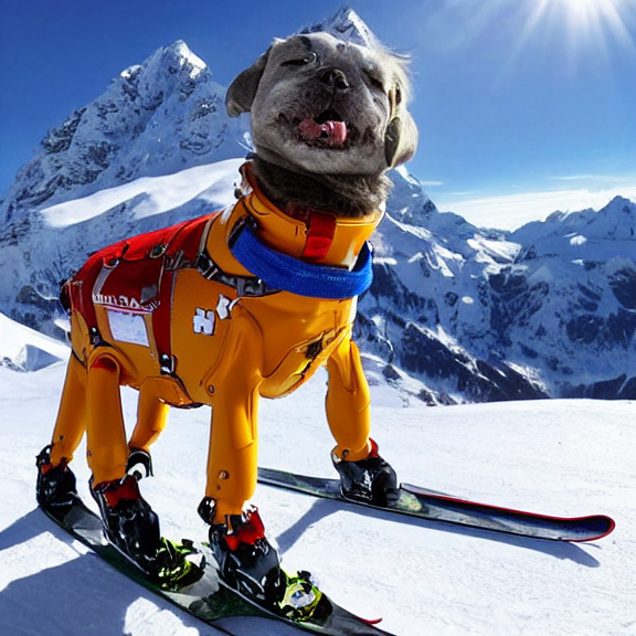 un chien robot skiant dans les alpes