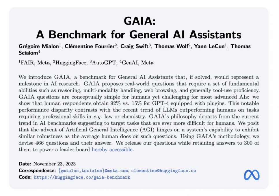 publication de GAIA Benchmark General AI Asssitant Hugging Face Meta Fair AutoGPT